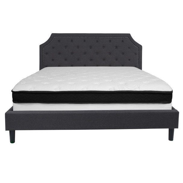 Brighton King Size Tufted Upholstered Platform Bed in Dark Gray Fabric with Memory Foam Mattress