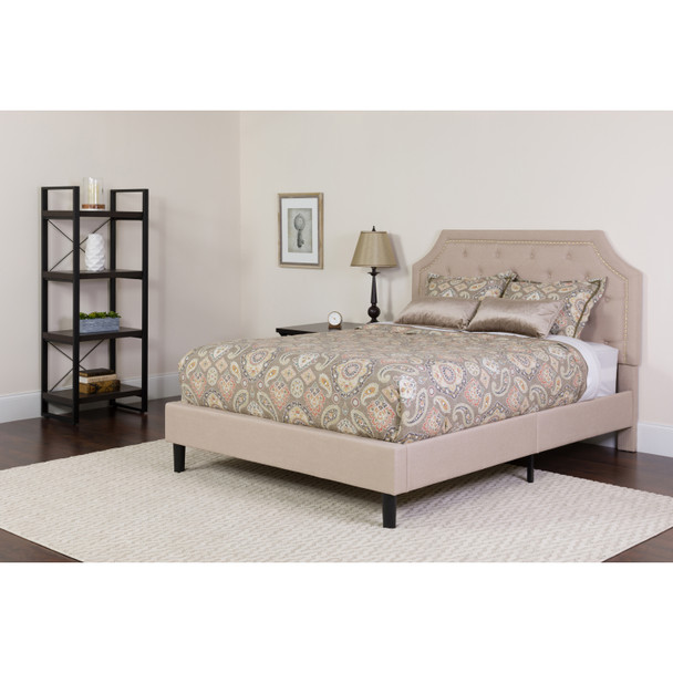 Brighton King Size Tufted Upholstered Platform Bed in Beige Fabric with Memory Foam Mattress