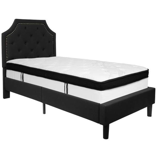 Brighton Twin Size Tufted Upholstered Platform Bed in Black Fabric with Memory Foam Mattress