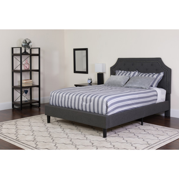 Brighton Queen Size Tufted Upholstered Platform Bed in Dark Gray Fabric with Pocket Spring Mattress