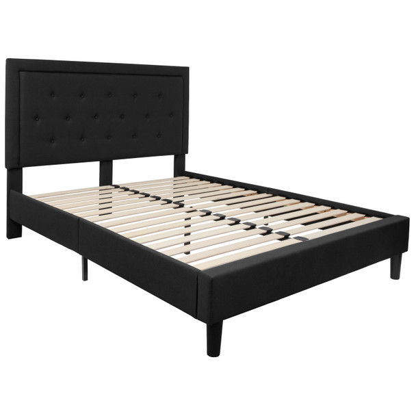 Roxbury Queen Size Tufted Upholstered Platform Bed in Black Fabric