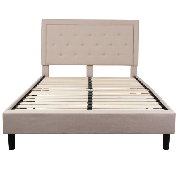 Roxbury Queen Size Tufted Upholstered Platform Bed in Beige Fabric with 10 Inch CertiPUR-US Certified Pocket Spring Mattress
