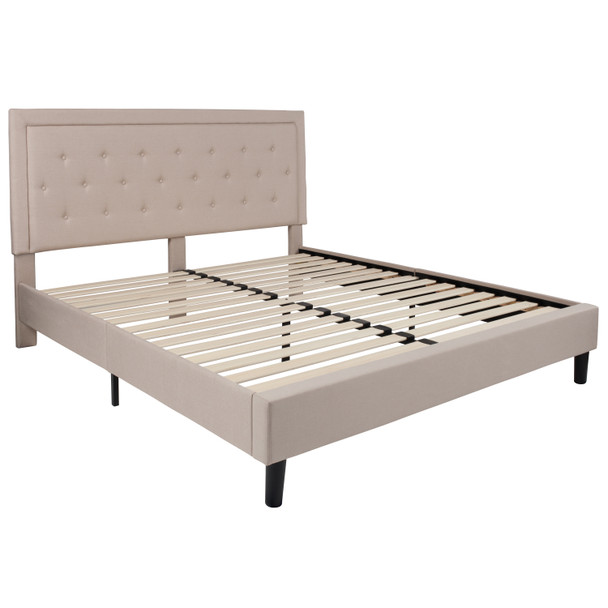 Roxbury King Size Tufted Upholstered Platform Bed in Beige Fabric with 10 Inch CertiPUR-US Certified Pocket Spring Mattress