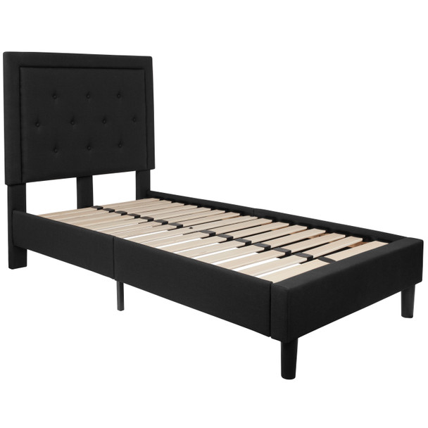Roxbury Twin Size Tufted Upholstered Platform Bed in Black Fabric with 10 Inch CertiPUR-US Certified Pocket Spring Mattress
