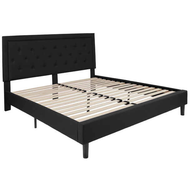 Roxbury King Size Tufted Upholstered Platform Bed in Black Fabric with 10 Inch CertiPUR-US Certified Pocket Spring Mattress