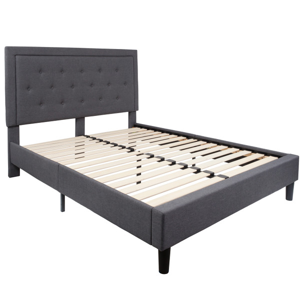 Roxbury Queen Size Tufted Upholstered Platform Bed in Dark Gray Fabric with 10 Inch CertiPUR-US Certified Pocket Spring Mattress