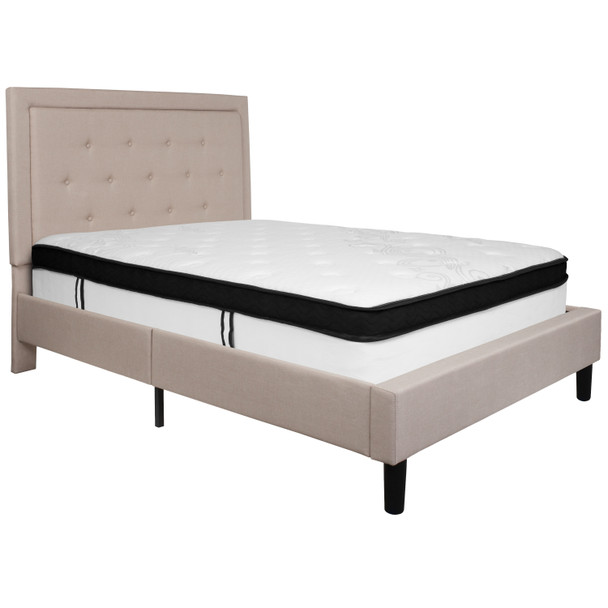 Roxbury Full Size Tufted Upholstered Platform Bed in Beige Fabric with Memory Foam Mattress