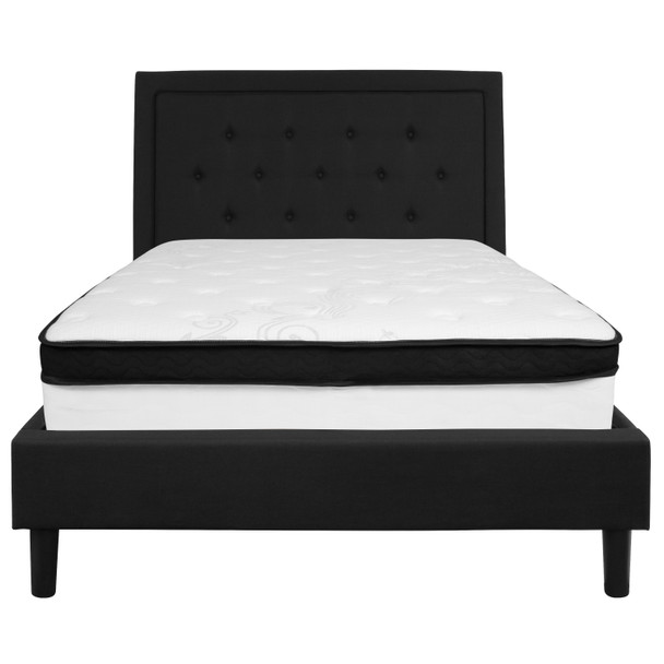 Roxbury Full Size Tufted Upholstered Platform Bed in Black Fabric with Memory Foam Mattress