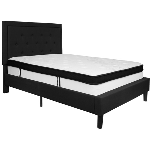 Roxbury Full Size Tufted Upholstered Platform Bed in Black Fabric with Memory Foam Mattress