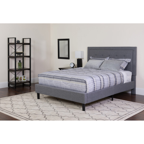 Roxbury Twin Size Tufted Upholstered Platform Bed in Light Gray Fabric with Memory Foam Mattress
