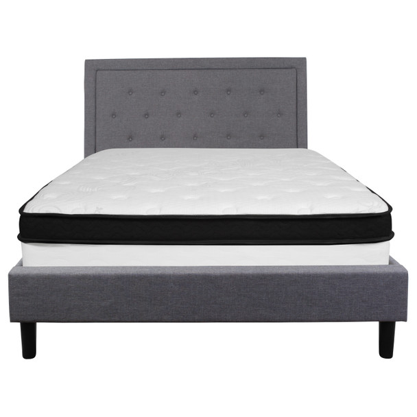 Roxbury Queen Size Tufted Upholstered Platform Bed in Light Gray Fabric with Memory Foam Mattress