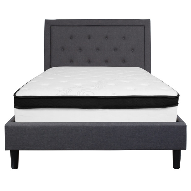 Roxbury Full Size Tufted Upholstered Platform Bed in Dark Gray Fabric with Memory Foam Mattress