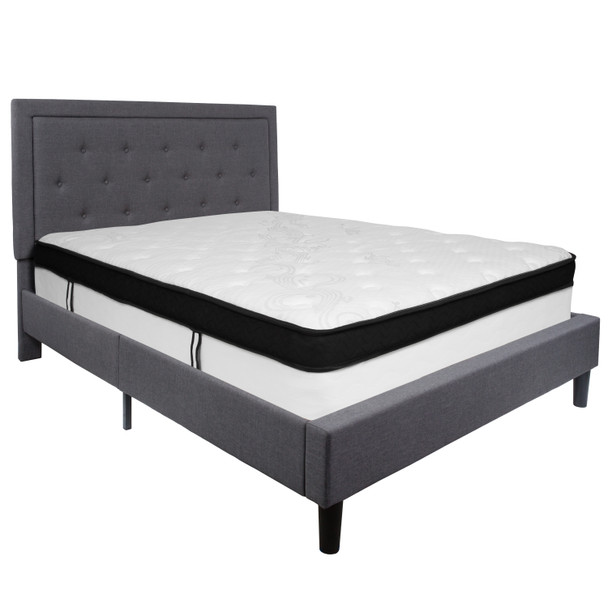 Roxbury Queen Size Tufted Upholstered Platform Bed in Dark Gray Fabric with Memory Foam Mattress