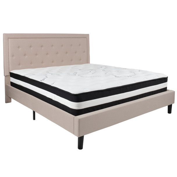 Roxbury King Size Tufted Upholstered Platform Bed in Beige Fabric with Pocket Spring Mattress