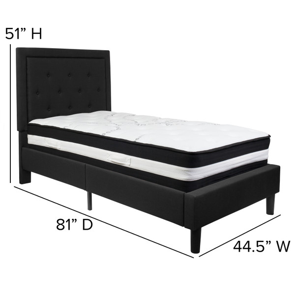Roxbury Twin Size Tufted Upholstered Platform Bed in Black Fabric with Pocket Spring Mattress