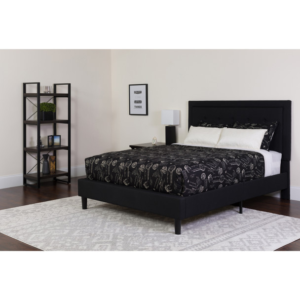Roxbury Full Size Tufted Upholstered Platform Bed in Black Fabric with Pocket Spring Mattress