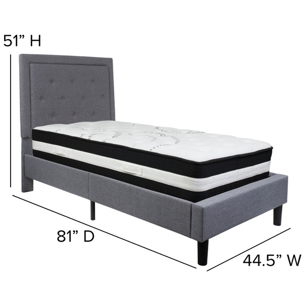 Roxbury Twin Size Tufted Upholstered Platform Bed in Light Gray Fabric with Pocket Spring Mattress