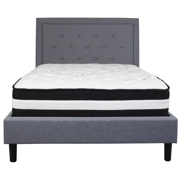Roxbury Full Size Tufted Upholstered Platform Bed in Light Gray Fabric with Pocket Spring Mattress