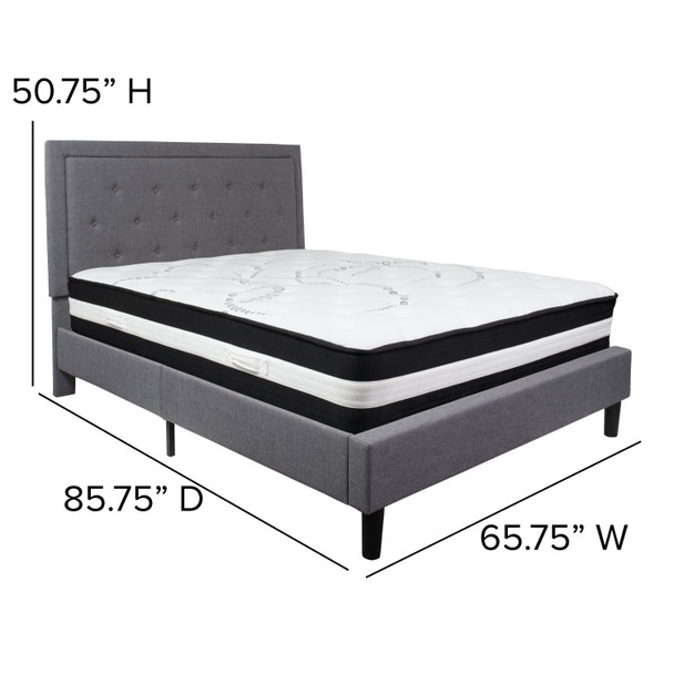 Roxbury Queen Size Tufted Upholstered Platform Bed in Light Gray Fabric with Pocket Spring Mattress