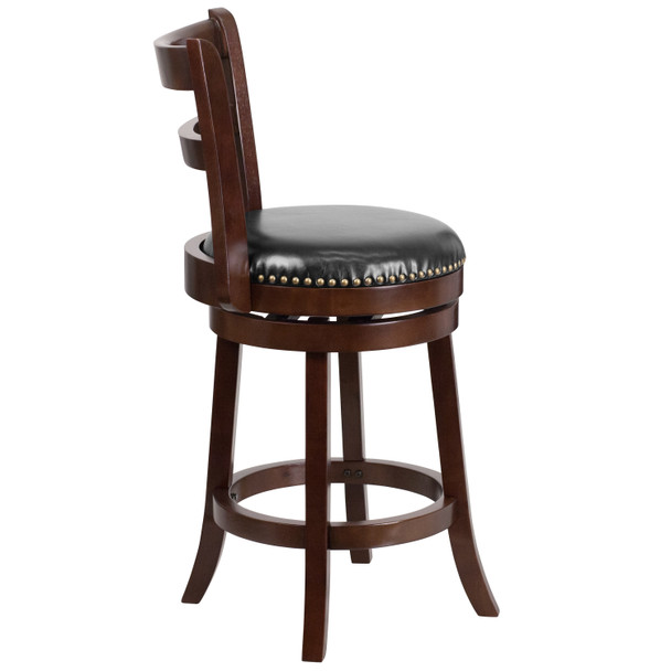 Ronnie 26'' High Cappuccino Wood Counter Height Stool with Single Slat Ladder Back and Black LeatherSoft Swivel Seat