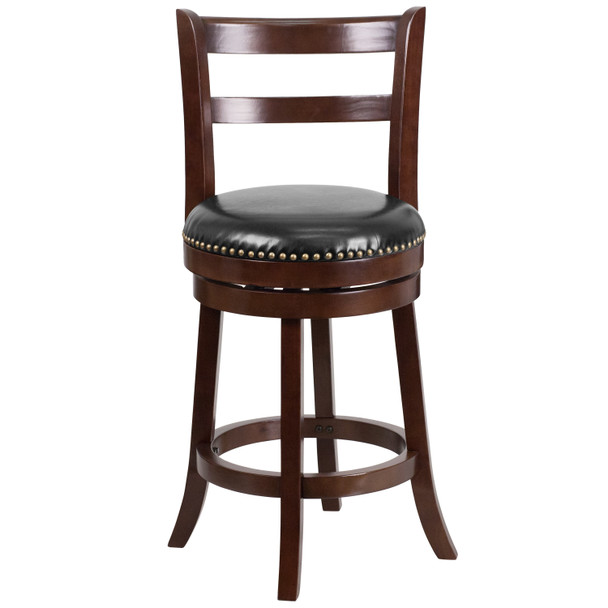 Ronnie 26'' High Cappuccino Wood Counter Height Stool with Single Slat Ladder Back and Black LeatherSoft Swivel Seat