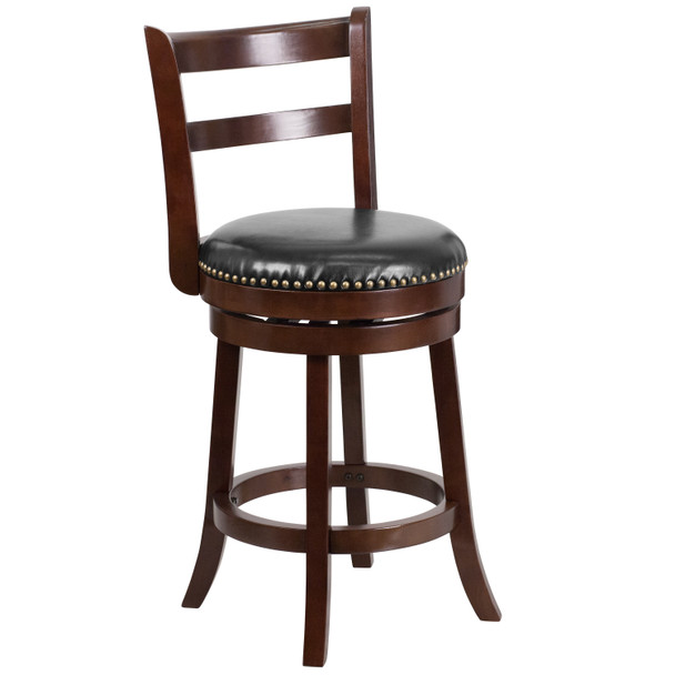 Ronnie 26'' High Cappuccino Wood Counter Height Stool with Single Slat Ladder Back and Black LeatherSoft Swivel Seat