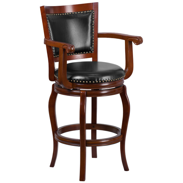 Vestina 30'' High Cherry Wood Barstool with Arms, Panel Back and Black LeatherSoft Swivel Seat