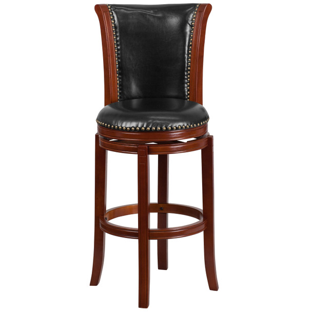 Vestina 30'' High Dark Chestnut Wood Barstool with Panel Back and Black LeatherSoft Swivel Seat