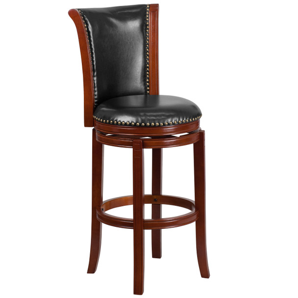 Vestina 30'' High Dark Chestnut Wood Barstool with Panel Back and Black LeatherSoft Swivel Seat