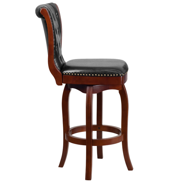 Ellison 30'' High Cherry Wood Barstool with Button Tufted Back and Black LeatherSoft Swivel Seat