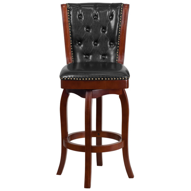 Ellison 30'' High Cherry Wood Barstool with Button Tufted Back and Black LeatherSoft Swivel Seat