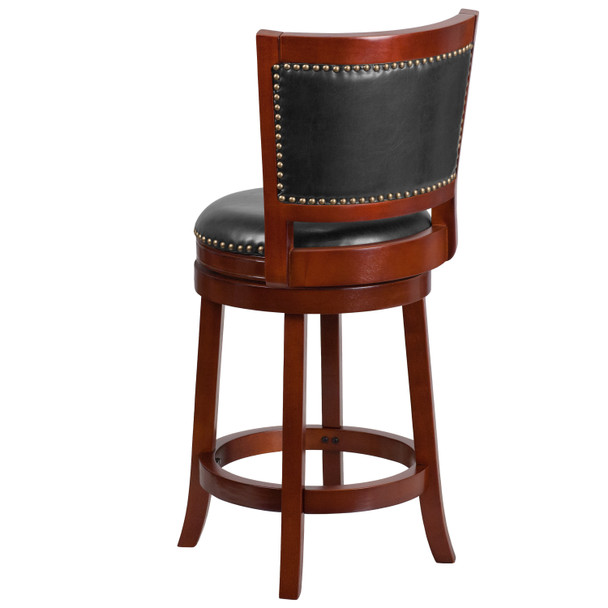 Ebert 26'' High Dark Cherry Wood Counter Height Stool with Open Panel Back and Walnut LeatherSoft Swivel Seat