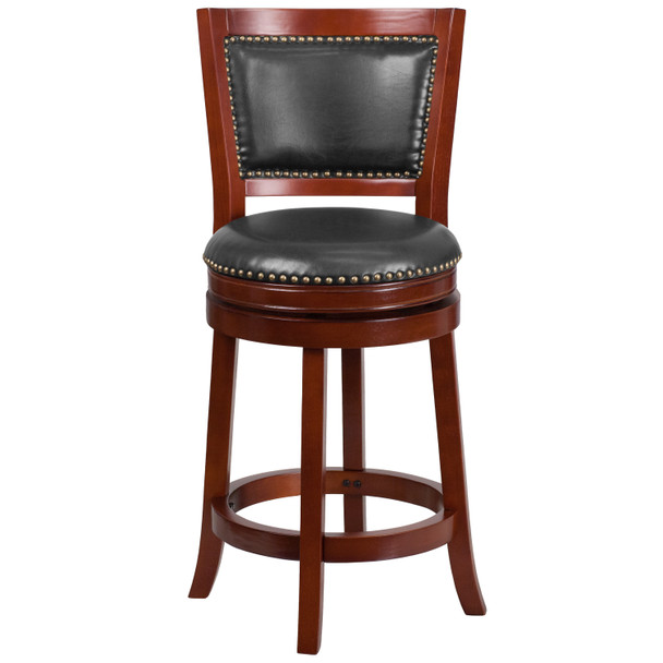 Ebert 26'' High Dark Cherry Wood Counter Height Stool with Open Panel Back and Walnut LeatherSoft Swivel Seat