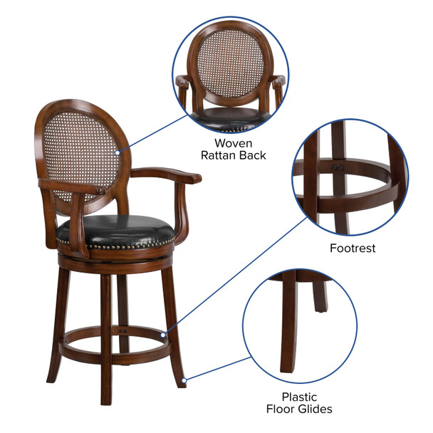 Victor 26'' High Expresso Wood Counter Height Stool with Arms, Woven Rattan Back and Black LeatherSoft Swivel Seat