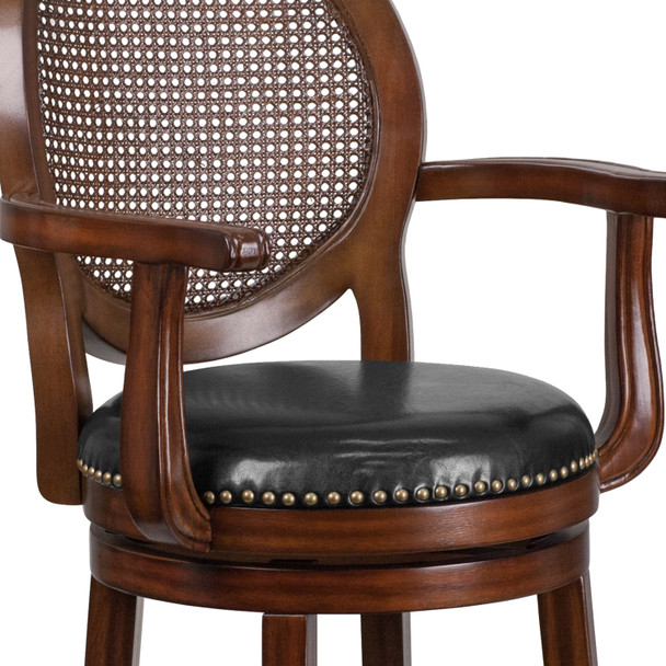 Victor 30'' High Expresso Wood Barstool with Arms, Woven Rattan Back and Black LeatherSoft Swivel Seat