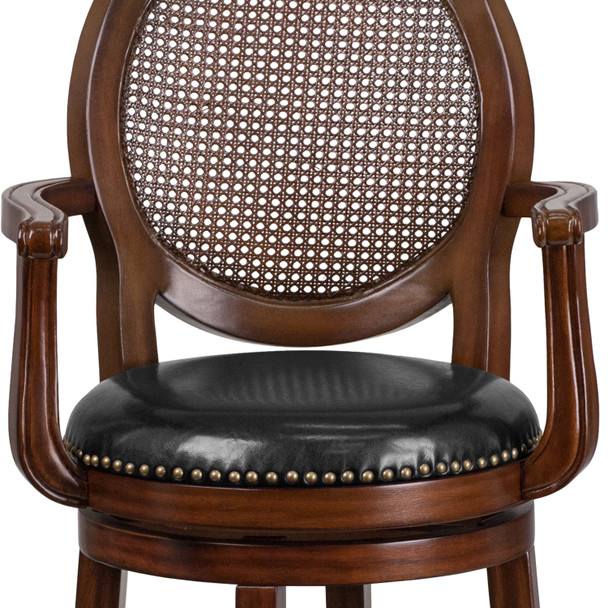 Victor 30'' High Expresso Wood Barstool with Arms, Woven Rattan Back and Black LeatherSoft Swivel Seat