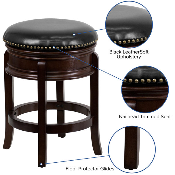 Carol 24'' High Backless Cappuccino Wood Counter Height Stool with Carved Apron and Black LeatherSoft Swivel Seat