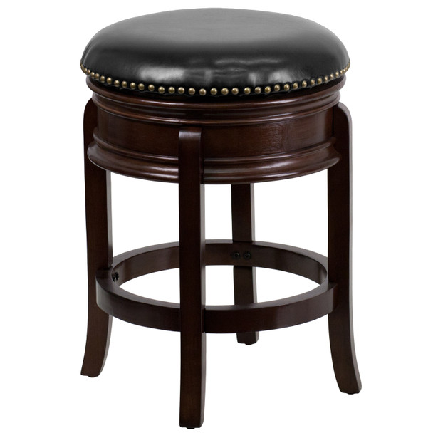 Carol 24'' High Backless Cappuccino Wood Counter Height Stool with Carved Apron and Black LeatherSoft Swivel Seat