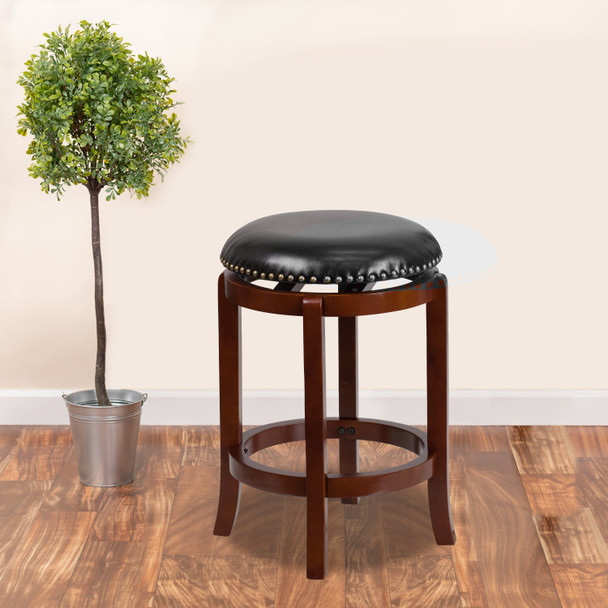 Margaret 24'' High Backless Light Cherry Wood Counter Height Stool with Black LeatherSoft Swivel Seat
