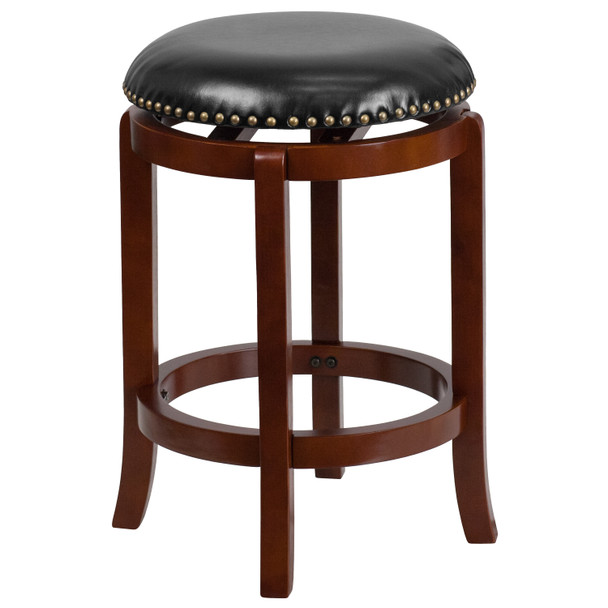 Margaret 24'' High Backless Light Cherry Wood Counter Height Stool with Black LeatherSoft Swivel Seat