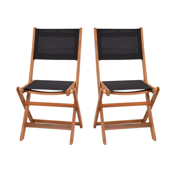 Martindale Indoor/Outdoor Folding Acacia Wood Patio Bistro Chairs with Natural X Base Frame and Black Textilene Back and Seat, Set of 2