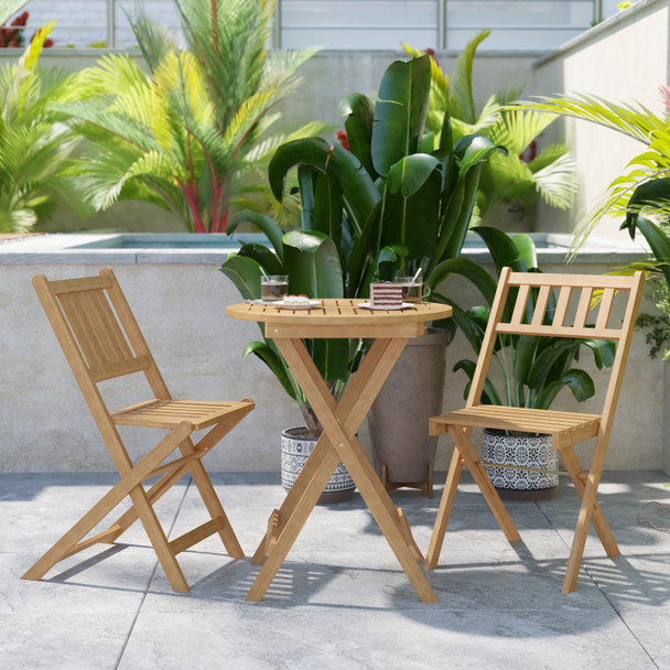 Martindale 3 Piece Folding Patio Bistro Set, Indoor/Outdoor Acacia Round Wood Table and 2 Chair Set with Slatted Design, Natural Finish