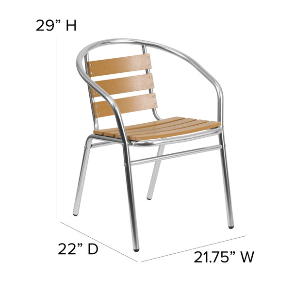 Lila Commercial Aluminum Indoor-Outdoor Restaurant Stack Chair with Triple Slat Faux Teak Back