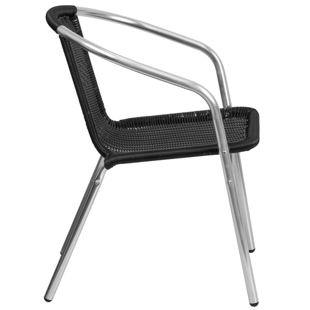 Lila Commercial Aluminum and Black Rattan Indoor-Outdoor Restaurant Stack Chair