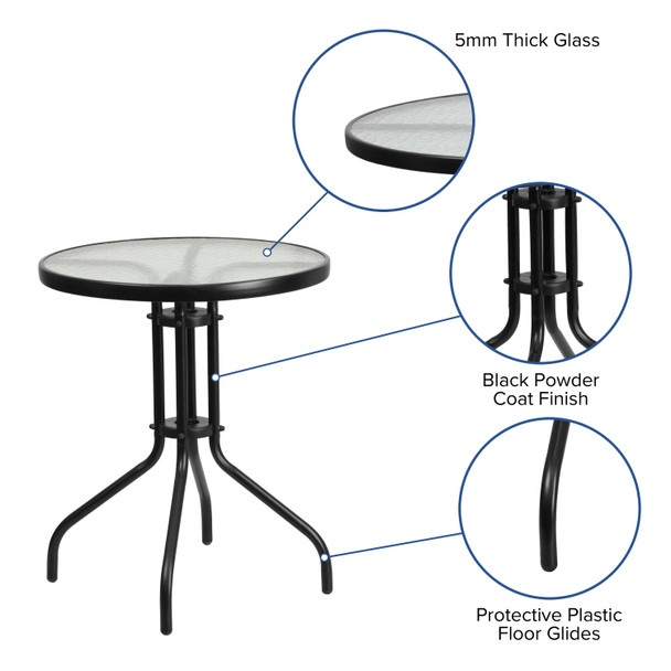 Brazos 3 Piece Outdoor Patio Dining Set - 23.75" Round Tempered Glass Patio Table, 2 Brown Flex Comfort Stack Chairs