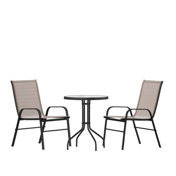 Brazos 3 Piece Outdoor Patio Dining Set - 23.75" Round Tempered Glass Patio Table, 2 Brown Flex Comfort Stack Chairs