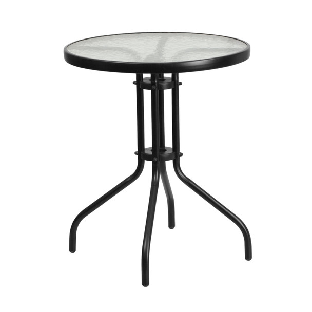 Brazos 3 Piece Outdoor Patio Dining Set - 23.75" Round Tempered Glass Patio Table, 2 Black Flex Comfort Stack Chairs