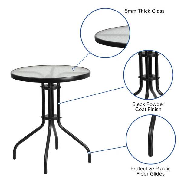 Brazos 3 Piece Outdoor Patio Dining Set - 23.75" Round Tempered Glass Patio Table, 2 Gray Flex Comfort Stack Chairs