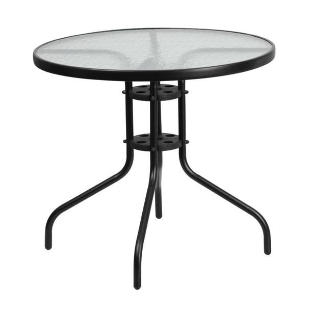 Brazos 5 Piece Outdoor Patio Dining Set - 31.5" Round Tempered Glass Patio Table, 4 Black Flex Comfort Stack Chairs