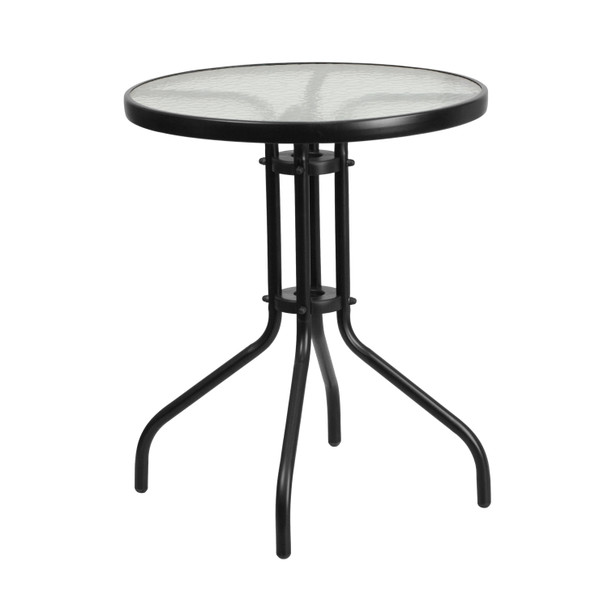 Lila 23.75'' Round Glass Metal Table with 2 Black Metal Aluminum Slat Stack Chairs